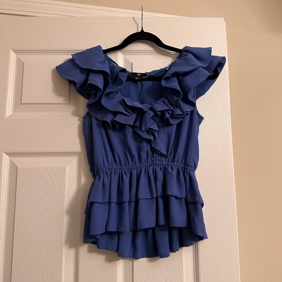 H&M Blue Ruffle Blouse Size 8 Great Condition - Picture 1 of 3